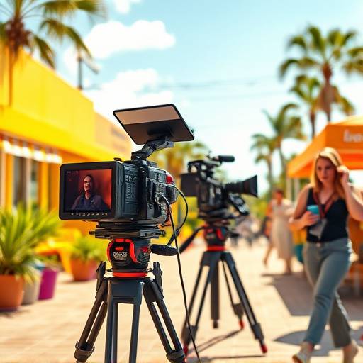A camera crew filming a vibrant commercial scene outdoors.
