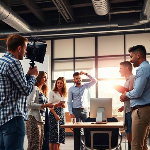 A diverse team collaborating on a corporate video project in a modern office.