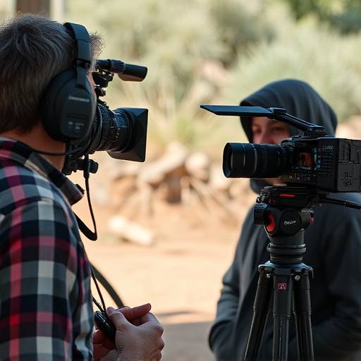 A filmmaker interviewing a subject for a documentary in a natural setting.