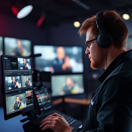 A video editor meticulously working on a timeline in a post-production suite.