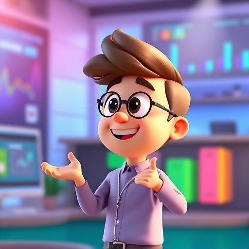 Animated character explaining complex data analytics concepts in a colorful explainer video.