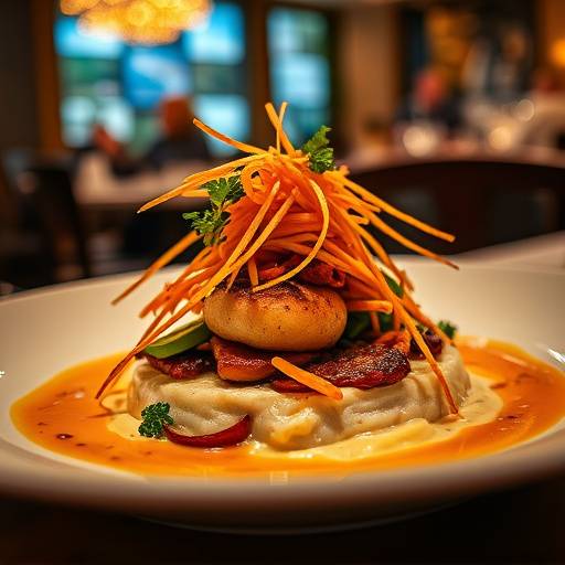Close-up shot of a gourmet dish at 'The Gilded Spoon' restaurant in downtown Aurora.
