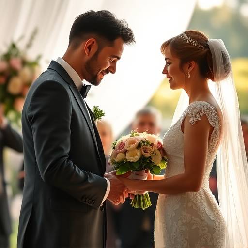 Emotional moment captured at a wedding ceremony, showcasing the couple exchanging vows.