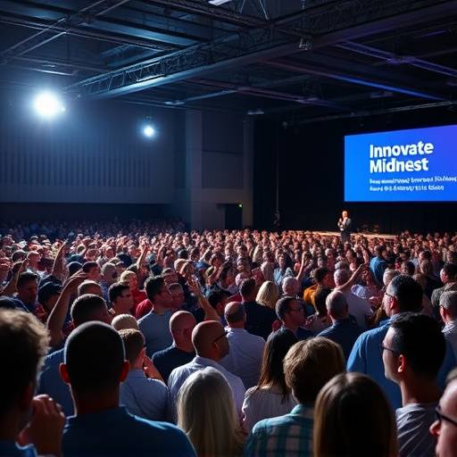 Energetic crowd participating in a keynote speech at the 'Innovate Midwest' conference.