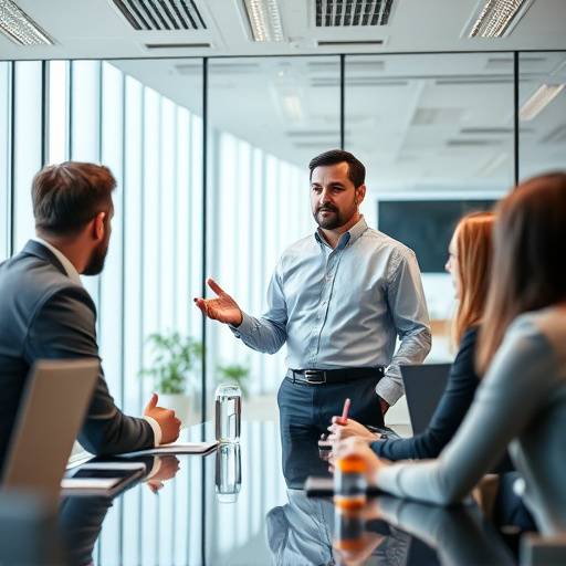 Man presenting a corporate video to colleagues
